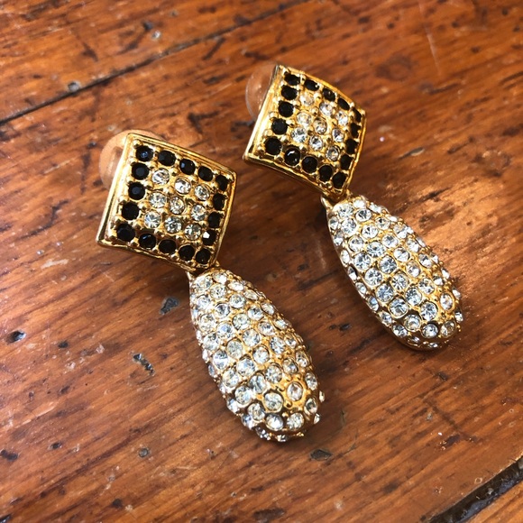 Vintage PCI Drop Earrings Pierced Crystal Gold Black Clear Dangle Teardrop - Picture 1 of 10